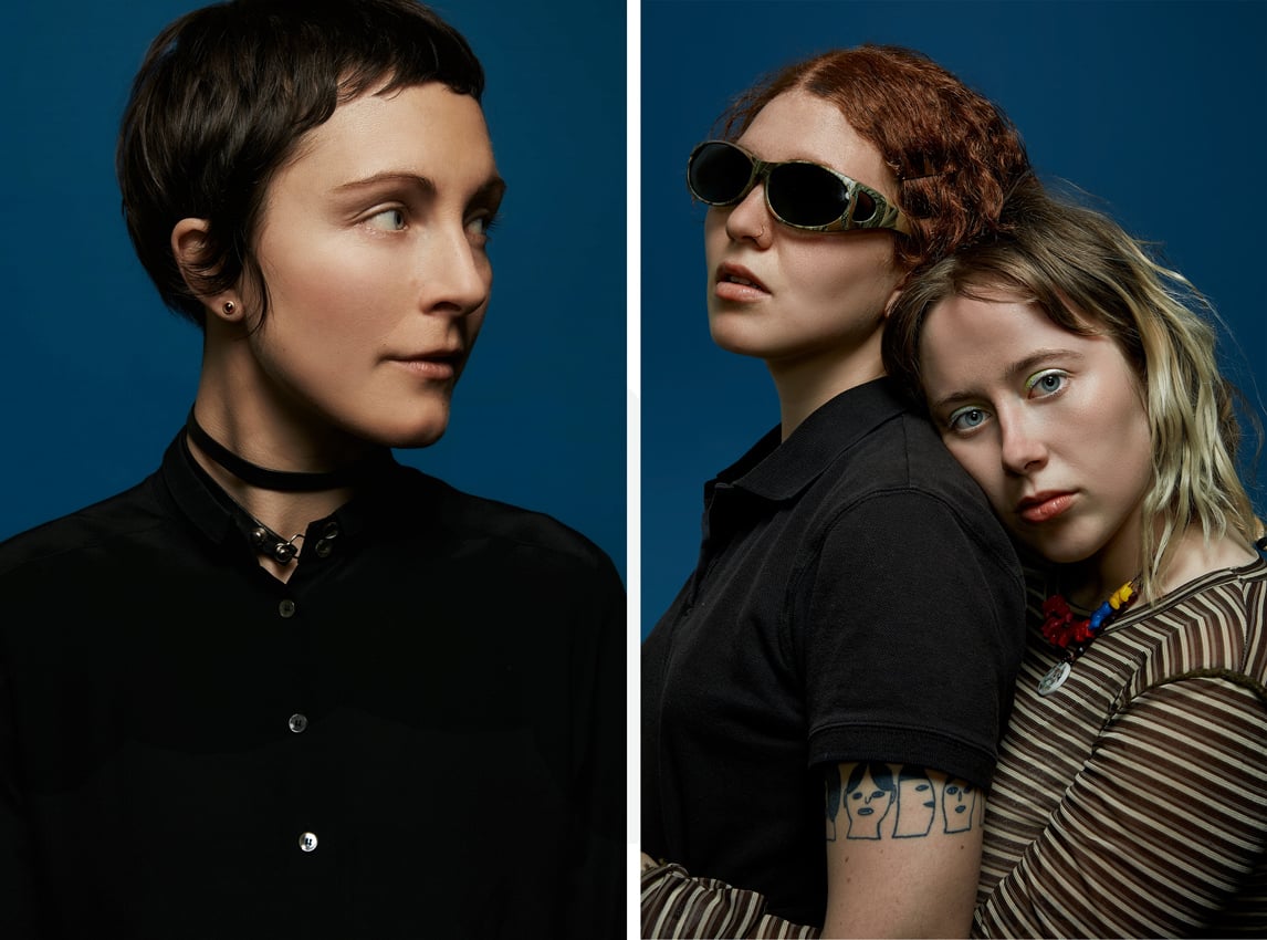 A diptych of portraits featuring musicians Poliça (left) and Girlpool (right).